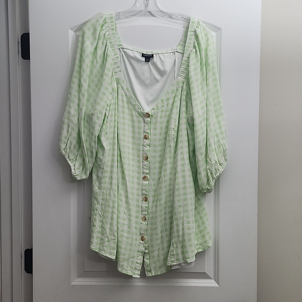 NWOT Torrid Fit and Flare Rayon Slub Button Up 3/4 Sleeve Green Gingham 3X - Picture 2 of 12